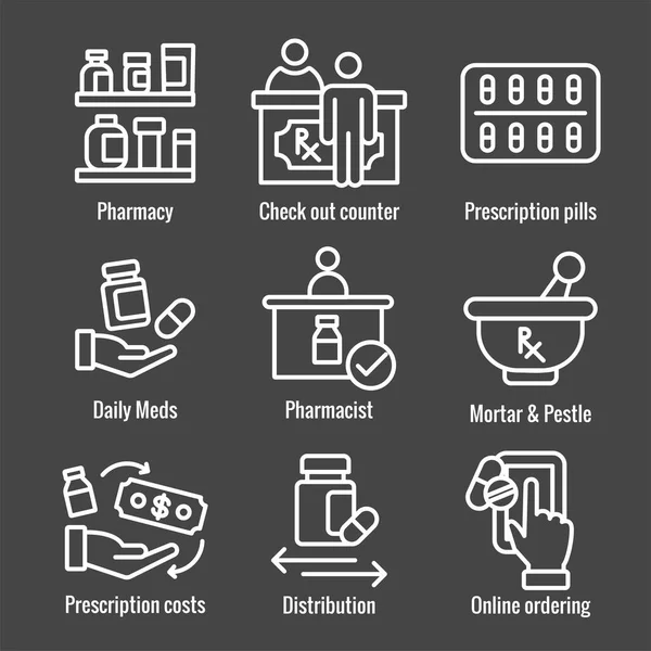 Productos Farmacéuticos Conjunto Iconos Medicamentos Con Mortero Mortero Farmacia Otc — Vector de stock