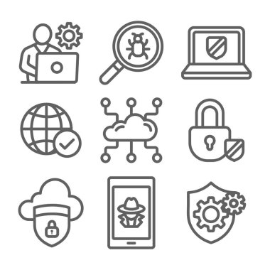 Sertifikalı Etik Hackleme - CEH simgesi seti virüs gösteriyor, savunmasızlıkları açığa çıkarıyor ve bilgisayar korsanı