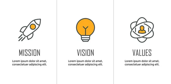 Mission Vision Valori Icona Set Con Dichiarazione Missione Icona Visione — Vettoriale Stock