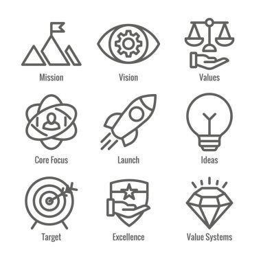Mission Vision and Values Icon Set with rocket, ideas, & goal icons clipart