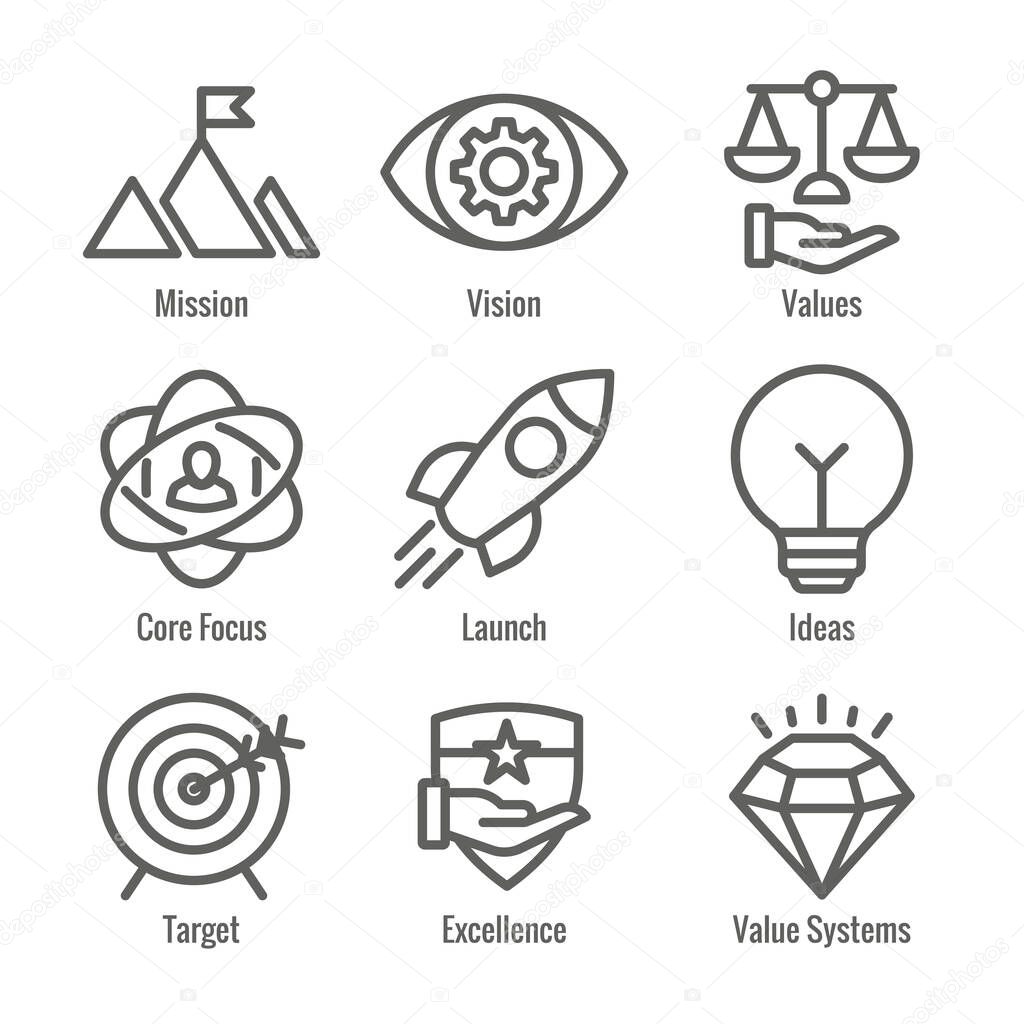 Mission Vision and Values Icon Set with rocket, ideas, & goal icons