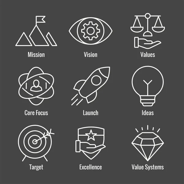 Mission Vision Und Werte Icon Set Mit Raketen Ideen Und — Stockvektor