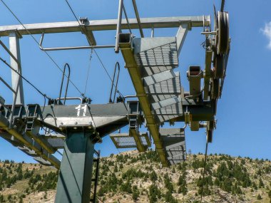 Açık mavi gökyüzü ve dağ zeminine karşı bir kayak kaldırma mekanizmasının yakın görüntüsü