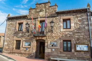 Palencia, Spain-August 12, 2021. Facade of the town hall of Braosera, Spain. Considered the first town hall in Spain when it was granted in the year 824