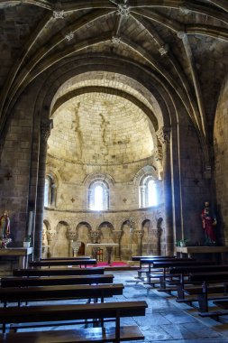 Palencia, Spain-August 12, 2021. Collegiate Church of San Pedro de Cervatos is a Romanesque Catholic temple located in Cervatos, at the eastern end of the Sierra de Hjar and in the municipality of Campoo de Enmedio, Cantabria, Spain.