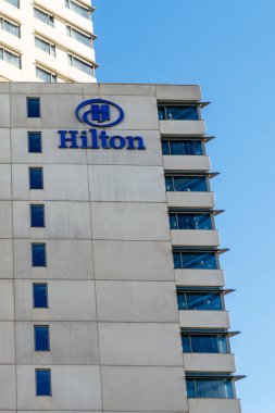Barcelona, Spain - January 2, 2020. Hilton, an American hotel group founded by Conrad Hilton in the early twentieth century.
