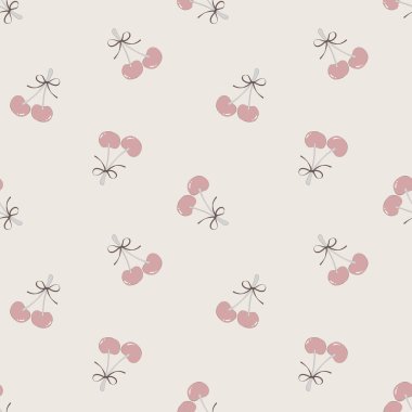 Pembe Meyve ve Kurdeleli Coquette Kirazsız Desen Yumuşak Pastel Arkaplanda