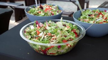 Bahçe partisinde salata kaseleri. Yeşil yapraklar ve kırmızı biber dilimleri gibi renkli malzemeler sağlıklı bir yemektir. Barbekü yemeğinde meze..