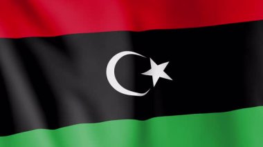 Libya animasyon geçmişi bayrağı. Libya ulusunun ve kültürlerinin sembolü. Rüzgar görüntülerinde dalgalanan bayrak. Bir yıldız ve hilal sembolü devletin bir parçasıdır..