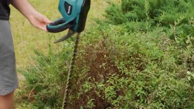 DRESDEN, ALMANY - 27. Haziran 2023: Makita kablosuz çit biçme makinesi DUH523Z iş başında. Bahçede çalıları kesen bir bahçıvan. Pille çalışan aracı kullanarak ve esnek olmak.