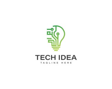 Teknik hatlı Tech Ampul Logosu. Teknik Fikir Logosu Şablonlu Yeşil Devre Tahtası Ampulü.