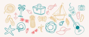 El Çizimi Yaz Simgeleri Seyahat Markası, Ambalaj, Editör ve Kırtasiye Tasarımı. Sahil, deniz, tatil temalı set. Vektör illüstrasyonu