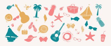 El yapımı yaz elementleri tropikal ikonlar, aksesuarlar ve plaj sembolleri de dahil. Vektör illüstrasyonu