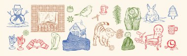 Vintage Hand Drawn Winter ve Christmas Illustration Set Coatzy Home Scenes, Animals, Snowy Peyzaj ve Tatil Sembolleri Mevsimsel Paketler, Kırtasiye ve Editör Tasarımı. Vektör