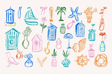 Plaj Kulübeleri, Deniz Simgeleri, Mevsimlik Paketler, Kırtasiye ve Editör Tasarımı İçin Tropikal Bitkiler ve Tatil Aksesuarları Elle Çizilmiş Yaz Pul Koleksiyonu. Vektör illüstrasyonu