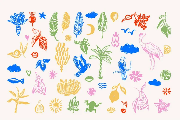 Kuşlar, meyveler, bitkiler ve göksel semboller de dahil olmak üzere bir dizi el yapımı doğa elementleri. Parlak ve renkli, yaz tasarımları, ambalajlar ve çocuk grafikleri için mükemmel. Vektör illüstrasyonu