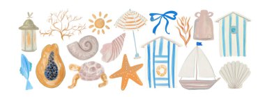 Sahil Kulübeleri, Deniz Yaşamı, Tropikal Meyveler ve Yaz Paketleme, Editör ve Mevsimlik Tasarım Projeleri içeren suluboya Resimler. Yüksek kalite fotoğraf