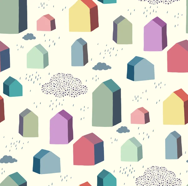 Nahtloses Muster mit geometrischen bunten Häusern und Wolken — Stockvektor