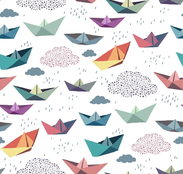 Naadloze patroon met kleur papier schepen en wolken — Stockvector