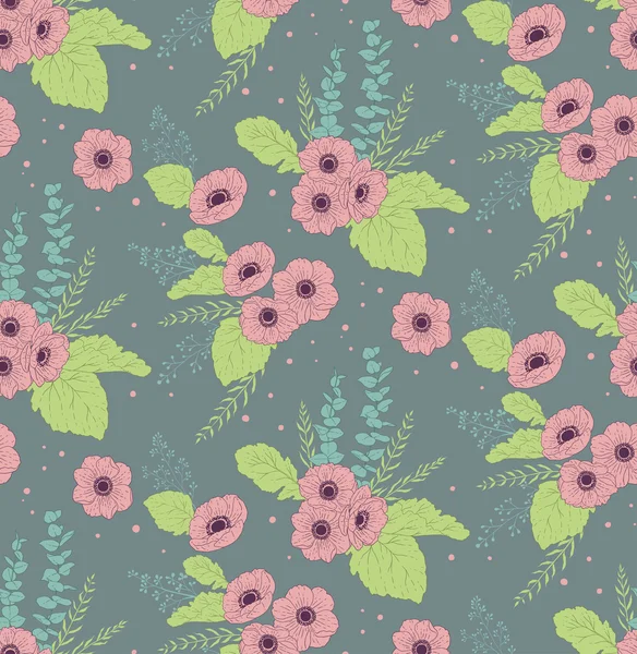Seamless pattern with anemones eucalyptus and leaves — Stock Vector