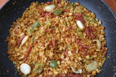 migas of bread as typical and traditional spanish recipe ready to eat