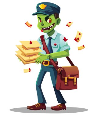 Zombi Postacı. Mavi bir posta üniforması giyiyor. Omzunda da kahverengi bir çanta var..