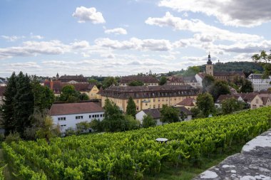 Bamberg, Bavyera 'daki Michelsberg Manastırı' ndan (Kloster St. Michael) manzara, tarihi eski kasaba, üzüm bağları ve bahçeler, manzaralı UNESCO şehri manzarası ve Avrupa seyahati simgesi.