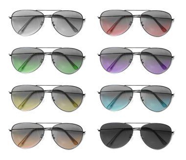 Renkli lensler ile havacı güneş gözlüğü izole kolaj