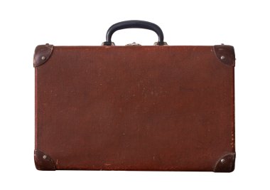 İzole eski Vintage tozlu kahverengi bavul beyaz bir arka plan üzerinde