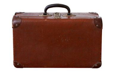 İzole eski Vintage tozlu kahverengi bavul beyaz bir arka plan üzerinde