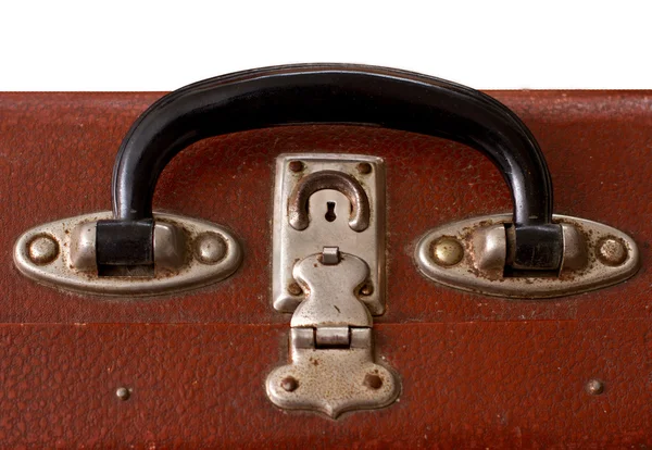 Maniglia isolata di una vecchia valigia Vinatge Dusty Brown su uno sfondo bianco — Foto Stock