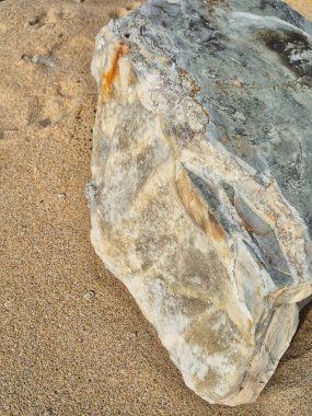 Kaya ve deniz kıyısı. Bulgar Sahili 'nin Kum Üzerinde Beyaz Kaya. Plaj Kumu' na yakın çekim. Karadeniz Kıyısındaki Jeolojik Detaylar