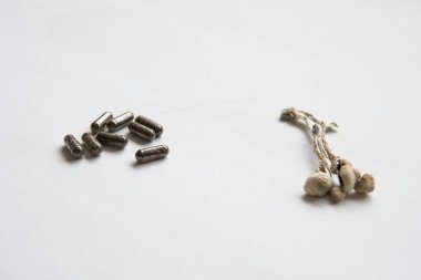 İlaçlar fiziksel olarak kuru Psilosibe cubensis. Psilosibin mantarı. Psikedelik mikrodoz. Enerji mikro-doz Sihirli mantar .