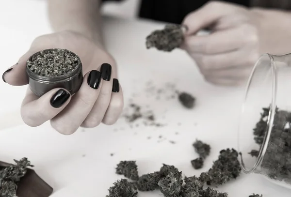 Kvinnan Förbereder Och Rullar Marijuana Cannabis Joint Marijuana Användningskoncept Närbild — Stockfoto