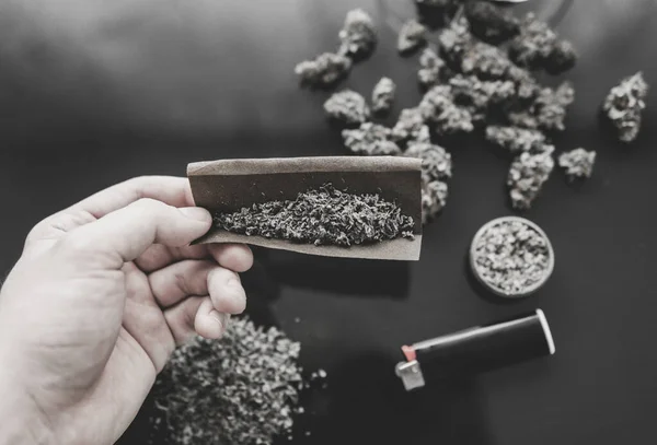 Cannabis Knospen Der Hand Auf Schwarzem Hintergrund Hintergrund Für Kopierraum — Stockfoto