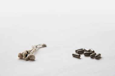 Enerji mikro dozajlı sihirli mantar. İlaçlar fiziksel olarak kuru Psilosibe cubensis. Psilosibin mantarı. Psikedelik mikrodoz.