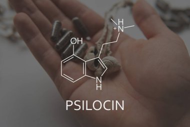 Psilosin formülü. Akıl sağlığı için tıbbi psilosibin ve psilosin. Psilosibin mantarlarının eğlence amaçlı kullanımı. Yasal Tıbbi Psikedelik. Psikoaktif doğal uyuşturucu.
