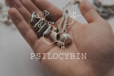 Psilosibin saykodelik formülü. Yasal Tıp Bölümü. Psikoaktif doğal ilaç. Akıl sağlığının sağlığıyla ilgili tıbbi psilosibin. Psilosibin mantarlarının eğlence amaçlı kullanımı.