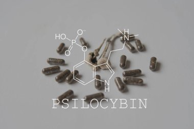 Psilosibin saykodelik formülü. Psikoaktif doğal ilaç. Akıl sağlığıyla ilgili tıbbi psilosibin.