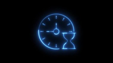 Döngülü mavi neon animasyon, koyu bir arka planda zamanın, yönetimin ve aciliyetin sembolü olan soyut bir saat ve kum saati tasvir eder..
