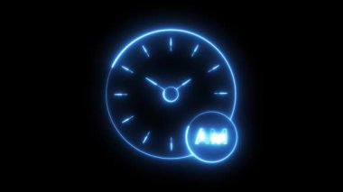 Çemberli soyut bir animasyon, üzerinde AM göstergesi olan parlak neon saatler sergiliyor. Koyu bir arkaplan karşısında, zamanlama ve zamanlama için mükemmel..