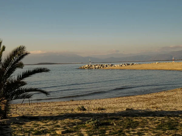 Palm Branch ile kıyı manzarası, bir palmiye ağacı dalının çerçevelediği güneşli deniz manzarası, sakin bir mavi koy ve Akdeniz 'de uzak bir sıradağ manzarası.