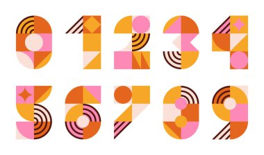 set of numbers from 0 to 9. abstract geometric pattern shapes, vector trendy elements design made of circles, squares, numbers for card, invitation, wallpaper, poster
