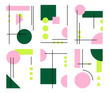 Geometrik şekilli ve çizgi çizgili bir siyah poster seti. Soyut şablon, tasarım çizgisi sanatı, moda tarzı. Çember, kare, üçgen şeklinde çizimler. Kartlar için tasarım, davet