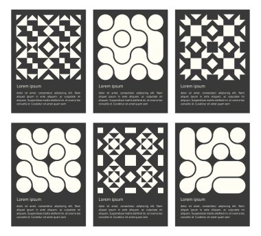 set of geometric abstract black shapes pattern poster, seamless elements collection made of triangles and squares, pixel elements form, modern design for card, invitation, wallpaper