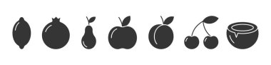 set of black silhouette fruit icons such as apple pomegranate peach lemon