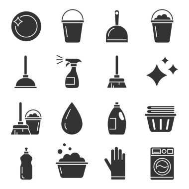 set of black silhouette laundryline and washing icons