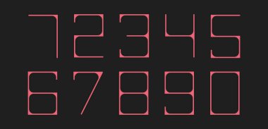 Alfabe ve sayılar, satır minimalist yazı tipi 0 'dan 9' a kadar ingilizce sayı kümesi. soyut geometrik şekiller, vektör trendli elementler karelerden yapılmış tasarım, kart numaraları, davetiye