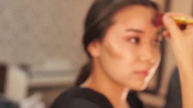 Güzellik derisi ve makyaj rutini yapan bir kadın, rimel, göz kalemi, dudak parlatıcısı, toner ve fondöten sürmüş. Güzellik dersleri, kozmetik ve kişisel bakım için mükemmel bir konsept.