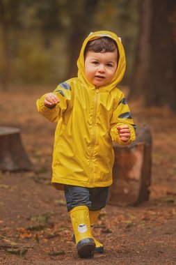 Parlak sarı yağmurluk ve uyumlu lastik botlar giyen mutlu genç bir çocuk, parkta ıslak bir yolda duruyor, gülümsüyor ve elinde bir oyuncakla yumuşak sonbahar yağmurunun tadını çıkarıyor.